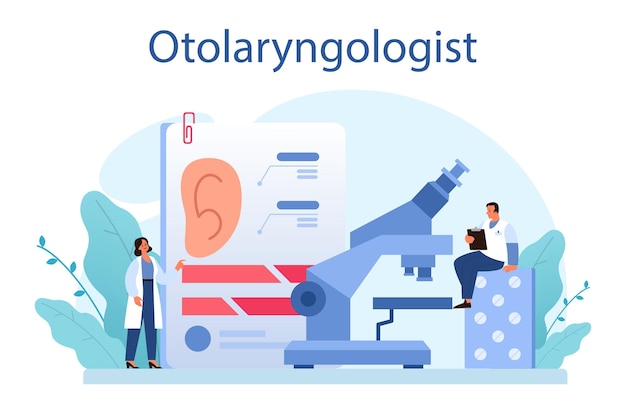 Koncepcja Otorynolaryngologa Koncepcja Opieki Zdrowotnej Koncepcja Lekarza Laryngologa Dbającego O Zdrowie Pacjenta Otoskopia Nazofaryngoskopia Audiometria Ilustracja Wektorowa W Stylu Kreskówki