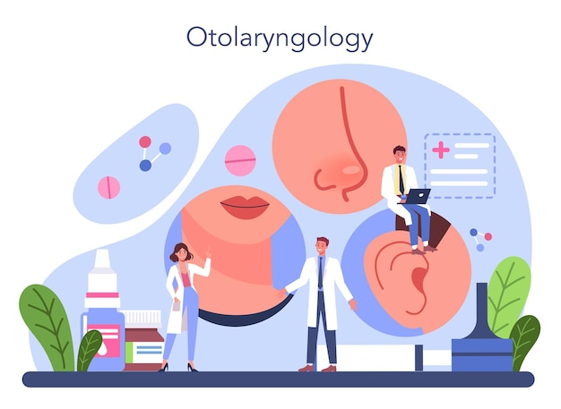 Plik wektorowy koncepcja otorynolaryngologa pomysł laryngologa leczenia chorób ucha nos gardła twarz głowy i szyi procedura otoskopii płaskie ilustracji wektorowych