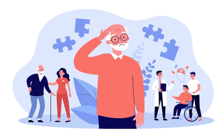 Wektor koncepcja pacjentów z chorobą alzheimera. osoby cierpiące na choroby mózgu i utratę pamięci, otrzymujące pomoc medyczną. ilustracja do terapii neurologicznej, tematy ryzyka chorób psychicznych