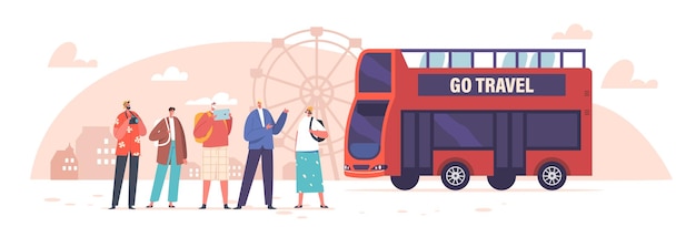 Koncepcja podróży i turystyki Wycieczka autobusem miejskim w Double Decker Grupa turystów na wycieczce w Europie Zwiedzanie