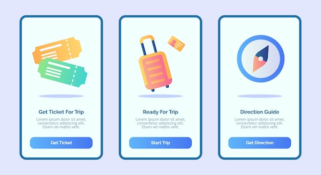 Koncepcja Podróży Lub Podróży Z Bagażem Biletowym I Kompasem Dla Interfejsu Użytkownika Strony Banerowej Szablonu Aplikacji Mobilnych Z Trzema Odmianami Nowoczesnego Stylu Płaskiego Koloru