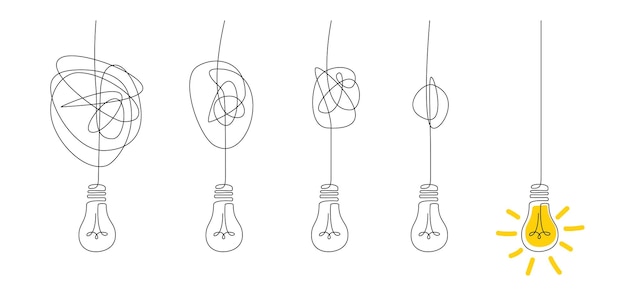 Koncepcja Pomysłu Z żarówkami Jednej Linii Pomysły Na Innowacje Kreatywny Pomysł Baner Z Lampami Proces Rozplątywania Drutu W Celu Dostarczenia Energii Elektrycznej Do żarówki Znak Kreatywności Ilustracja Wektorowa Szablon