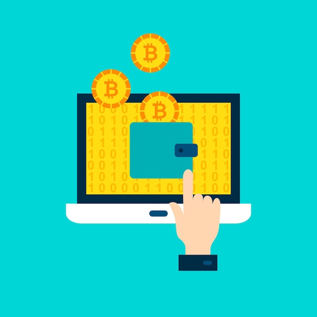 Koncepcja portfela Bitcoin. Ilustracja wektorowa z laptopa i technologii finansowej.