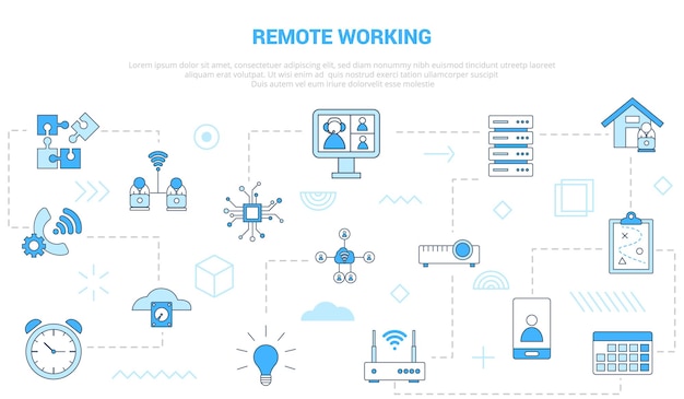 Koncepcja Pracy Zdalnej Z Banerem Szablonu Zestawu Ikon W Nowoczesnym Stylu Niebieskiego Koloru