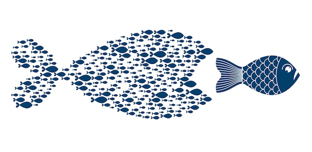 Koncepcja Pracy Zespołowej Wiele Małych Ryb Tworzy Zespół W Kształcie Dużej Ryby I Próbuje Zjeść Większą Rybę Ilustracji Wektorowych, Plakat Motywacyjny Lub Baner.