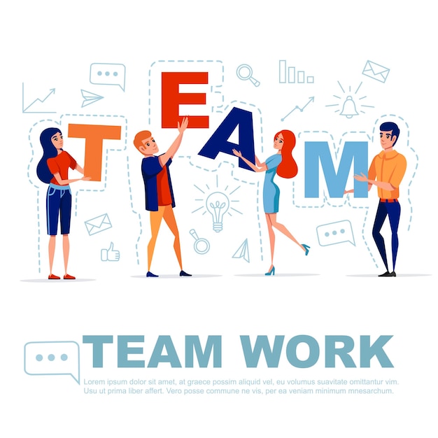 Plik wektorowy koncepcja pracy zespołowej z mężczyzną i kobietą trzymającą litery team z ikoną na tle