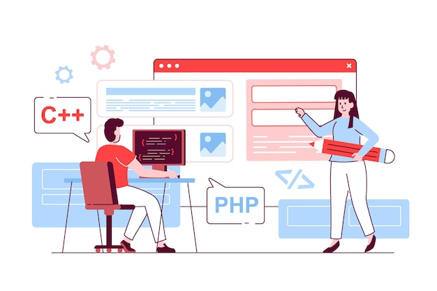 Koncepcja programowania UI UX w płaskiej linii Mężczyzna i kobieta tworzą interfejs użytkownika, optymalizują układ