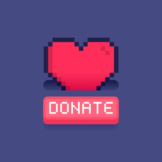 Plik wektorowy koncepcja projektowania darowizny i charytatywności 8 bitów pikselowe serce z przyciskiem do darowizn