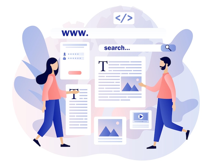 Wektor koncepcja projektowania stron internetowych drobni ludzie projektanci stron internetowych budujący strony internetowe projektowanie interfejsu stron internetowych oprogramowanie