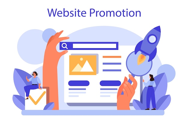 Koncepcja promocji strony internetowej Promocja biznesu online z kampanią komercyjną Produkt reklama cyfrowa Marketing w mediach społecznościowych Ilustracja na białym tle płaski wektor