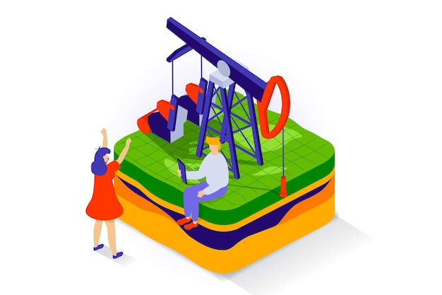 Koncepcja przemysłu naftowego w projektowaniu izometrycznym 3D Ludzie pracujący w fabryce ropy naftowej przez derrick i maszyny do wydobycia surowych zasobów energetycznych Ilustracja wektorowa z sceną izometryczną dla grafiki internetowej