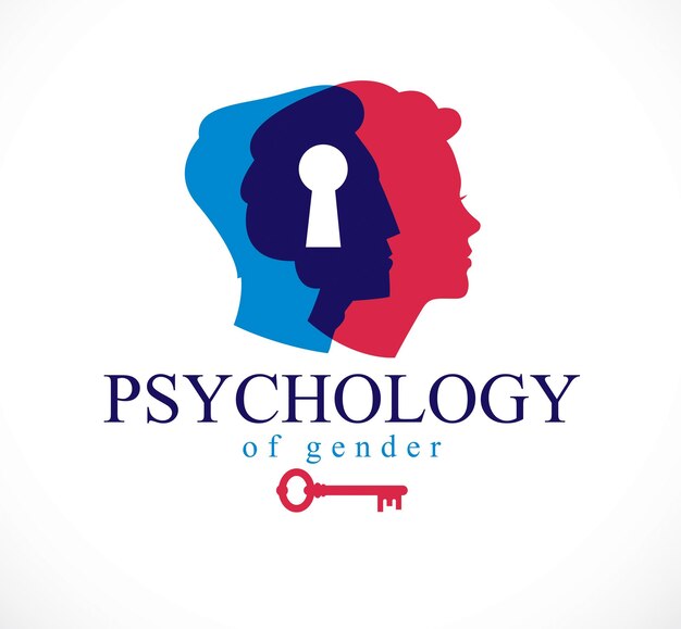 Plik wektorowy koncepcja psychologii płci stworzona z profili głów mężczyzny i kobiety oraz dziurki od klucza z kluczem zrozumienia, wektorem logo lub ilustracją problemów w związku i konfliktów w rodzinie i społeczeństwie.