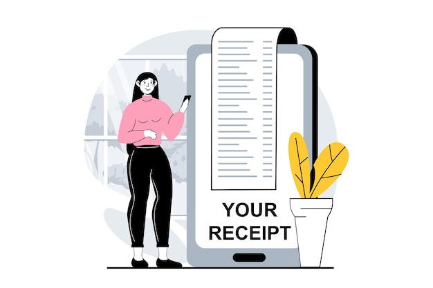 Koncepcja rachunku elektronicznego z sceną ludzi w płaskim projekcie dla sieci Kobieta otrzymująca czek cyfrowy i płacąca w aplikacji mobilnej Ilustracja wektorowa dla materiałów marketingowych banerów mediów społecznościowych