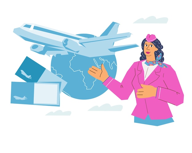 Plik wektorowy koncepcja rezerwacji podróży lotniczych i biletów z postacią stewardessy ilustracja wektorowa izolowana na białym tle banner aplikacji dla linii lotniczych porównaj ceny i zarezerwuj loty