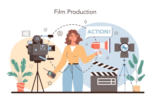 Koncepcja Reżysera Filmowego Reżyser Filmowy Prowadzący Proces Filmowania Klakier I Sprzęt Do Robienia Filmów Pomysł Kreatywnych Ludzi I Zawodu Płaska Ilustracja Wektorowa