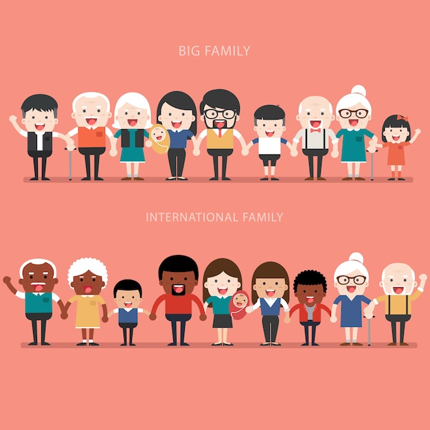 Plik wektorowy koncepcja rodziny. duża szczęśliwa rodzina i międzynarodowa rodzina. rodzice z dziećmi. ojciec, matka, dzieci, dziadek, babcia, rodzeństwo, żona, mąż, wujek, ciotka