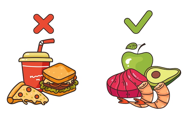 Plik wektorowy koncepcja równowagi diety zdrowej i niezdrowej żywności ilustracja projektowania graficznego wektorowego