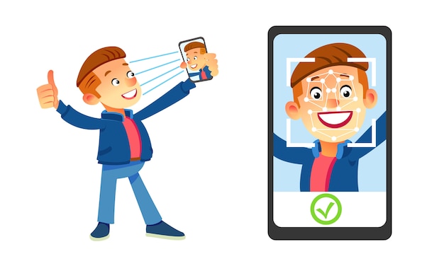 Koncepcja Rozpoznawania Twarzy. Face Id, System Rozpoznawania Twarzy. Obsługuje Mienia Smartphone Z Ludzką Głową I Skanuje App Na Ekranie. Nowoczesna Aplikacja.