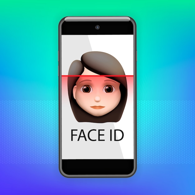 Koncepcja Rozpoznawania Twarzy. Face Id, System Rozpoznawania Twarzy. Smartfon Z Ludzką Głową I Aplikacją Do Skanowania Na Ekranie. Nowoczesna Aplikacja. Ilustracja.