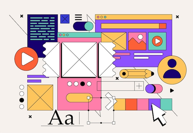 Koncepcja rozwoju sieci lub aplikacji z kolażem elementów UI UX dla plakatu z banerem internetowym