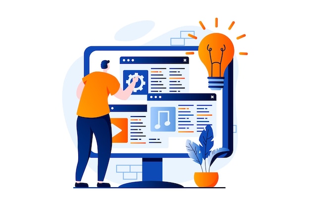 Koncepcja rozwoju sieci Web ze sceną ludzi w płaskiej kreskówce Projektant człowieka tworzy układy stron internetowych umieszcza elementy na programowaniu i testowaniu makiety Ilustracja wektorowa wizualna historia dla sieci