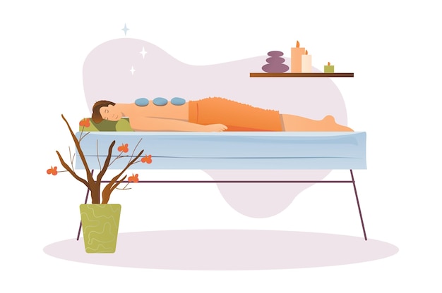 Koncepcja salonu spa ze sceną ludzi w stylu płaskiej kreskówki Dziewczyna relaksuje się podczas masażu