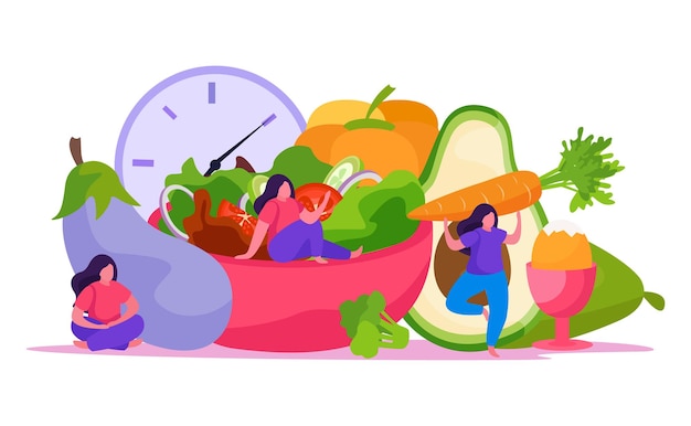 Plik wektorowy koncepcja samoopieki płaska i kolorowa kompozycja z warzywami i innymi ilustracjami zdrowej żywności