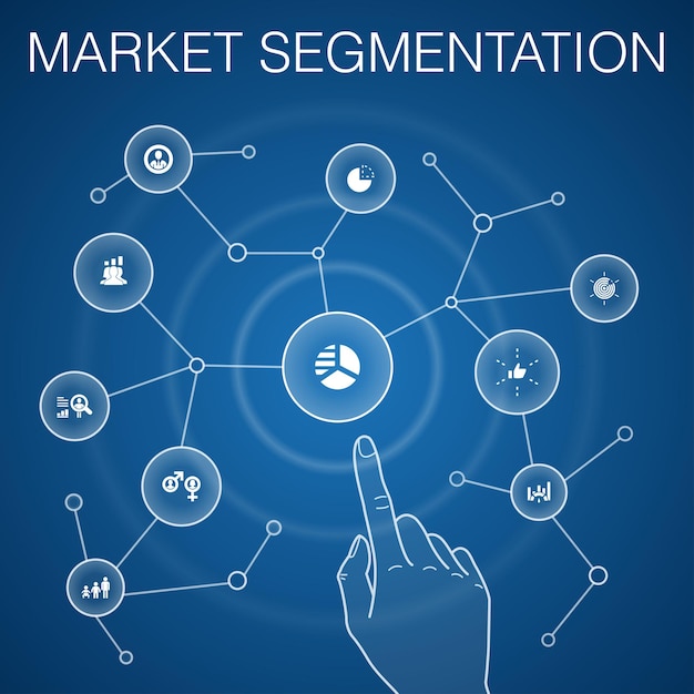 Koncepcja Segmentacji Rynku, Niebieskie Tło.demografia, Segment, Benchmarking, Ikony Grup Wiekowych