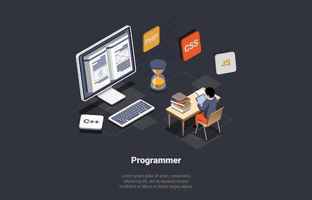 Koncepcja sektora IT i niezależny pracujący programista postaci męskich kodujący nowy projekt startowy lub ekran aplikacji ze skryptem kodu i otwartymi oknami izometryczny 3d kreskówka wektor ilustracja