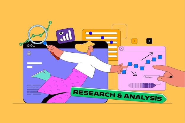 Koncepcja Sieci Badań I Analiz Ze Sceną Postaci Kobieta Pobierająca I Przetwarzająca Dane, Dokonując Przeglądu Wyników W Raporcie Sytuacja Ludzi W Płaskiej Konstrukcji Ilustracja Wektorowa Materiałów Marketingowych
