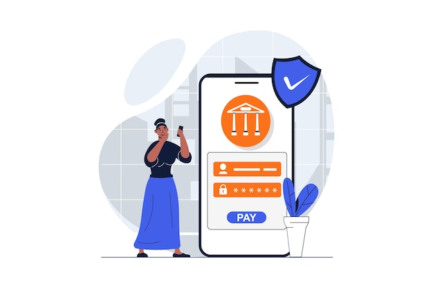 Koncepcja Sieci Bezpiecznej Płatności Ze Sceną Postaci Kobieta Uzyskuje Dostęp Z Hasłem Do Bankowości Mobilnej Za Płacenie Sytuacja Ludzi W Płaskiej Konstrukcji Ilustracja Wektorowa Do Materiałów Marketingowych W Mediach Społecznościowych