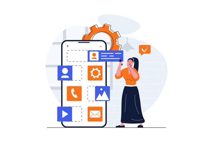 Wektor koncepcja sieci web rozwoju ui ux ze sceną postaci kobieta tworząca interfejs mobilny i umieszczająca elementy sytuacja ludzi w płaskiej konstrukcji ilustracja wektorowa do materiałów marketingowych w mediach społecznościowych
