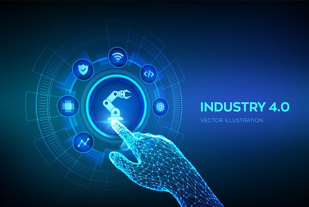 Koncepcja Smart Industry 40 Automatyka fabryczna Autonomiczna technologia przemysłowa Rewolucje przemysłowe kroki Ręka robota dotyka interfejsu cyfrowego Ilustracja wektora