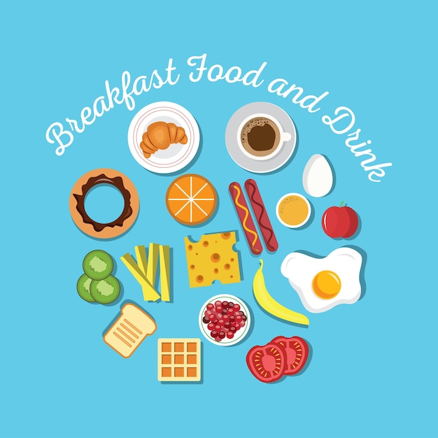 Koncepcja śniadania Ze świeżą żywnością I Napojami Płaskie Ikony Zestaw Ilustracji Wektorowych