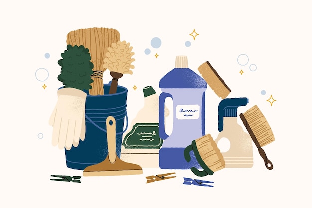 Koncepcja sprzętu czyszczącego Doodle narzędzia higieniczne do domu i biura szczotki i wiadra z rękawiczką z detergentem i gąbką Zestaw izolowany wektorowy