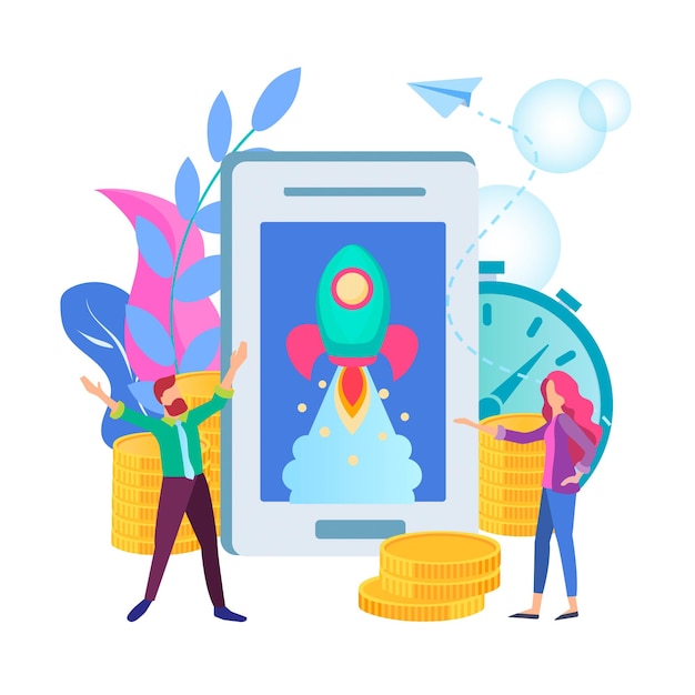 Koncepcja startupu początek mobilnego biznesu internetowego młodych ludzi w krótkim czasie