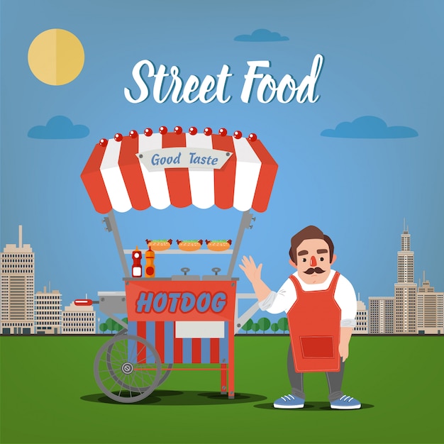 Koncepcja Street Food Z Burger Food Truck I Sprzedawcą W Megapolis