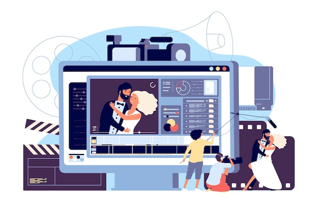 Koncepcja studia Motion Design. Elementy filmowe i ekipa filmowa. Sesja wideo i tło wektor produkcji wideo strony internetowej. Produkcja filmów studyjnych ilustracji, tworzenie wideo