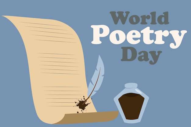 Plik wektorowy koncepcja światowego dnia poezji z piórem feather inkwell i starożytnym papierem zwójkowym
