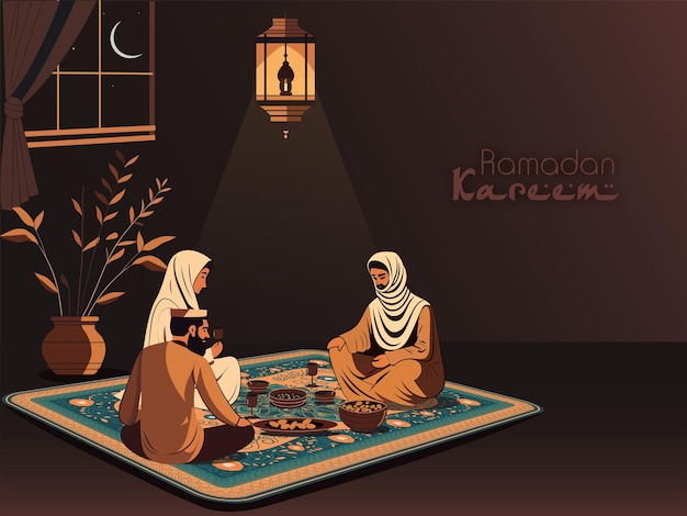 Koncepcja świętowania Ramadan Kareem Z Muzułmańską Rodziną Cieszącą Się Pysznym Jedzeniem W Nocy