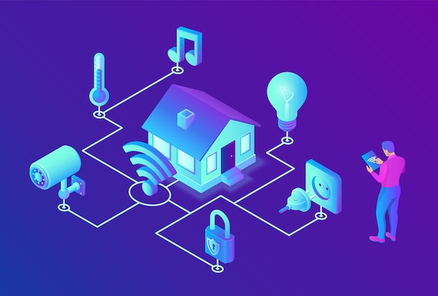 Koncepcja systemu inteligentnego domu. Izometryczny system zdalnego sterowania domem 3D. Koncepcja IOT.