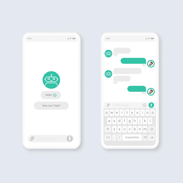 Koncepcja szablonu okna dialogowego aplikacji mobilnej Chat bot. Elementy UI UX do projektowania stron internetowych. Ilustracja wektorowa.