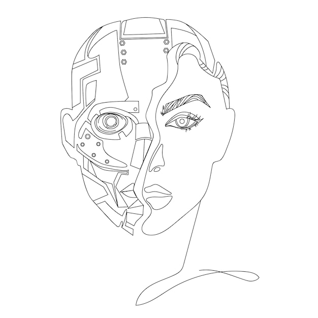 Plik wektorowy koncepcja sztucznej inteligencji. głowa robota z połową kobiecej twarzy liner. inteligentny cyber umysł