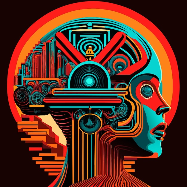 Plik wektorowy koncepcja sztucznej inteligencji z ludzką głową i mózgiem 8k szczegółowe ilustracje wektorowe kreskówka