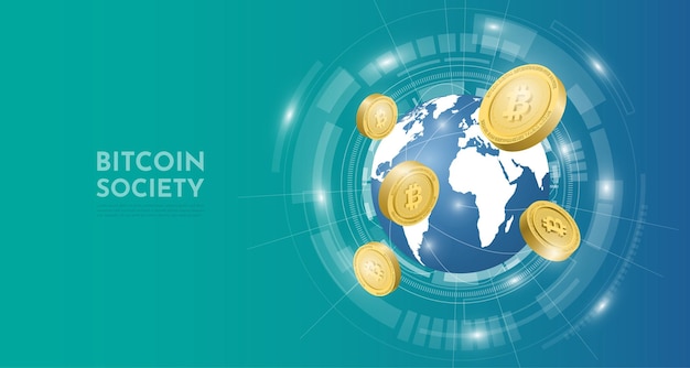 Koncepcja technologii Bitcoin z tłem świata 3D. Ilustracja wektorowa realistyczne.