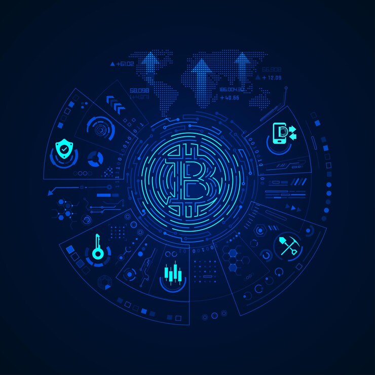 Wektor koncepcja technologii kryptowaluty, grafika symbolu bitcoin z elementem technologii finansowej