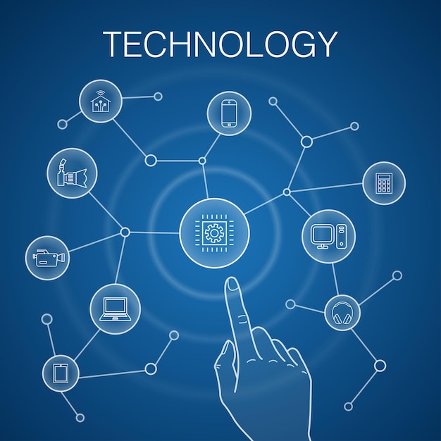 Koncepcja technologii, niebieskie tło. inteligentny dom, aparat fotograficzny, tablet, ikony smartfona