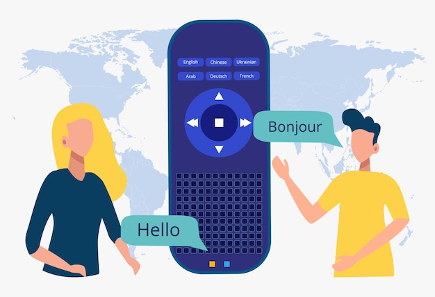 Plik wektorowy koncepcja technologii tłumaczenia inteligentnego tłumacza ludzie komunikują się za pomocą przenośnego inteligentnego tłumacza aplikacja do tłumaczenia w językach obcych kolorowa ilustracja wektorowa