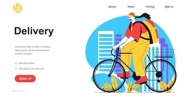 Koncepcja transparent sieci web dostawy. Kobieta kurierka jeździ na rowerze i niesie paczkę w plecaku, szybka wysyłka zamówień, szablon strony docelowej. Ilustracja wektorowa ze sceną ludzi w płaskiej konstrukcji