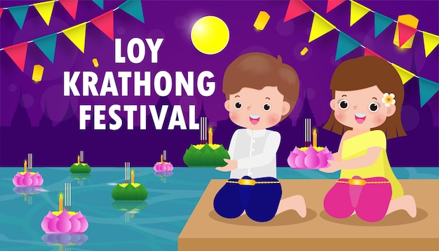 Koncepcja Transparentu Loy Krathong Festival Z Uroczymi Tajami W Stroju Narodowym Trzymającym Krathong